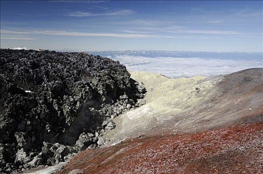 俄罗斯,西伯利亚,火山,火山岩,硫磺,红色,沉淀物,前景