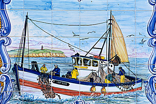 葡萄牙,阿尔加维,拉各斯,涂绘,陶瓷,砖瓦,渔船