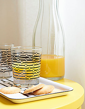 橙汁,玻璃杯,图案,相配,托盘,黄色,床头柜