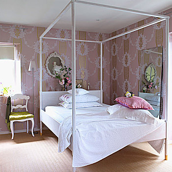 四柱床,卧室,粉色,壁纸