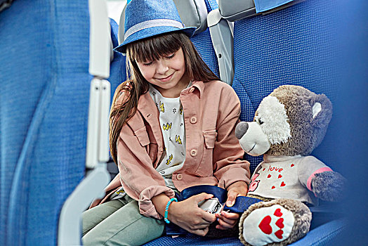 女孩,紧固,安全带,毛绒玩具,飞机