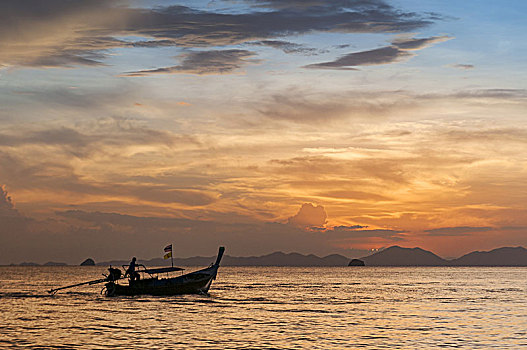 长,尾部,渔船,日落,皮皮岛,泰国