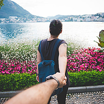 中年,游客,情侣,握手,湖,卢加诺,瑞士