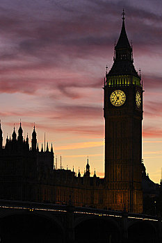英格兰,伦敦,威斯敏斯特,大本钟,黄昏