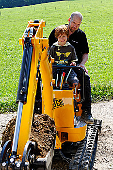 孩子,父亲,迷你,挖掘器械