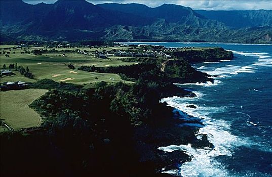 夏威夷,考艾岛,俯视,普林斯维尔,胜地,高尔夫球场,海岸线