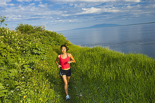 女人,慢跑,沿岸,小路,远眺,库克海峡,靠近,阿拉斯加