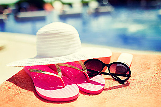海滩,夏天,度假,配饰,概念,特写,帽子,防晒霜,墨镜,水潭