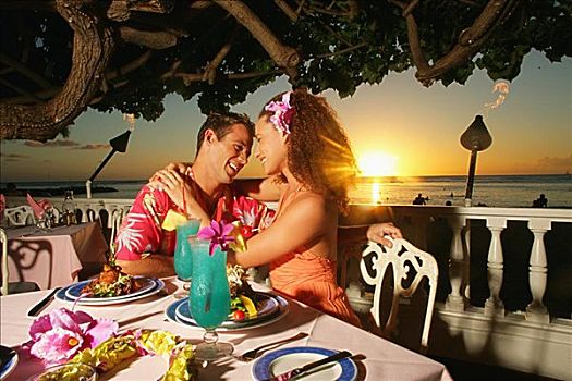夏威夷,瓦胡岛,伴侣,餐馆,日落