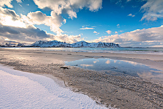 雪,沙滩,市区,罗浮敦群岛,挪威