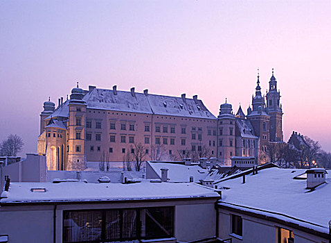 皇家,城堡,克拉科夫,波兰,冬天,一起,大教堂,要塞,山,建筑,文艺复兴,哥特风格