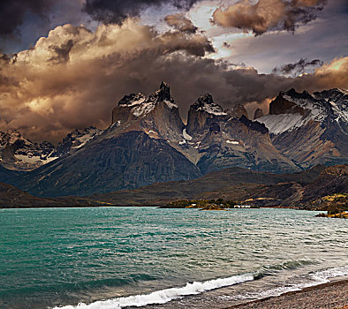 日落,托雷德裴恩国家公园,裴赫湖,山,巴塔哥尼亚,智利