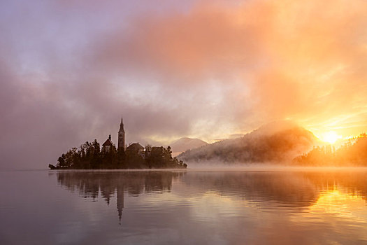 惊奇,日出,布莱德湖,秋天,斯洛文尼亚