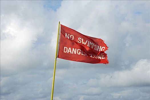 红色,旗帜,摆动,风,禁止游泳