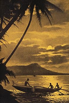 夏威夷,瓦胡岛,插画,热带,漂亮,钻石海岬,独木舟,男人