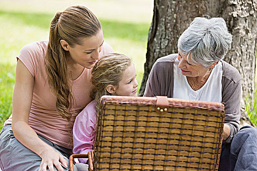 祖母,母女,野餐篮,公园