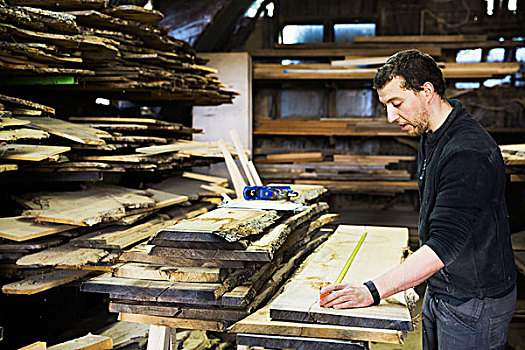 男人,工作,木工,工作间,测量,木板,木头