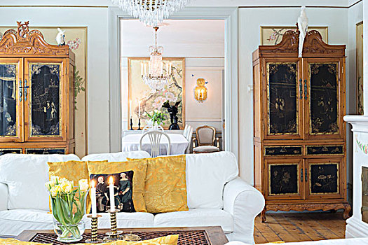白色,沙发,老式,柜厨,雕刻,涂绘,客厅,风景,餐厅,入口