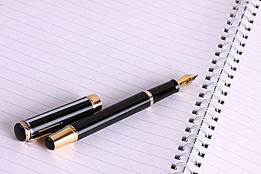 一个敞开的笔记本和一支钢笔