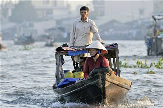 男人,女人,越南人,帽子,商贸,船,湄公河,湄公河三角洲,越南,亚洲