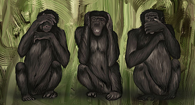 插画,图像,三个,猴子,捂眼,耳,嘴