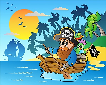 海盗,划船,船,靠近,岛屿