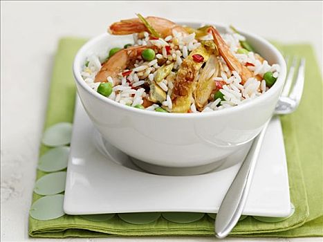 米饭,宽沟对虾,豌豆