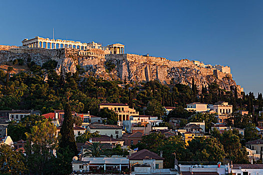 中心,希腊,雅典,卫城,俯视图,日落