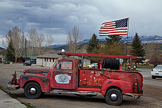 科罗拉多,圣胡安山,老,雪佛兰,消防车,美国国旗