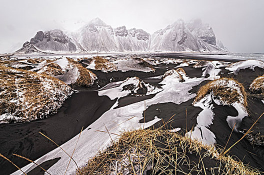 雪,黑色背景,沙丘,正面,山,冬天,雾,冰岛,欧洲