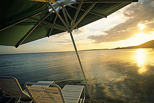 海滩,休闲椅,伞,加勒比海,波多黎各,日落