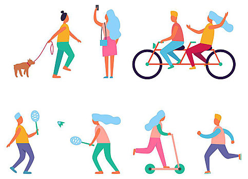 活动,矢量,插画,遛狗,骑自行车,跑,玩,羽毛球,拍照