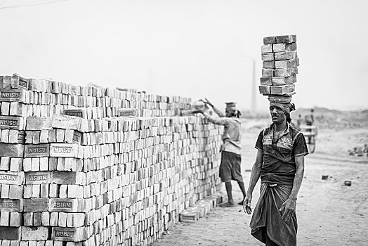 工人,砖,头部,砖厂,单色调,达卡,孟加拉,亚洲