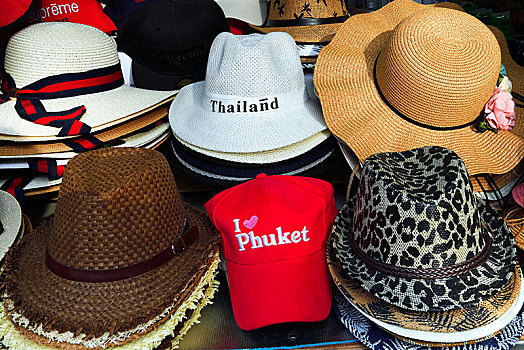 纪念品,多样,遮阳帽,出售,海滩,普吉岛,泰国,亚洲