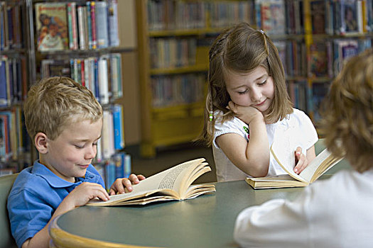 孩子,读,图书馆,桌子