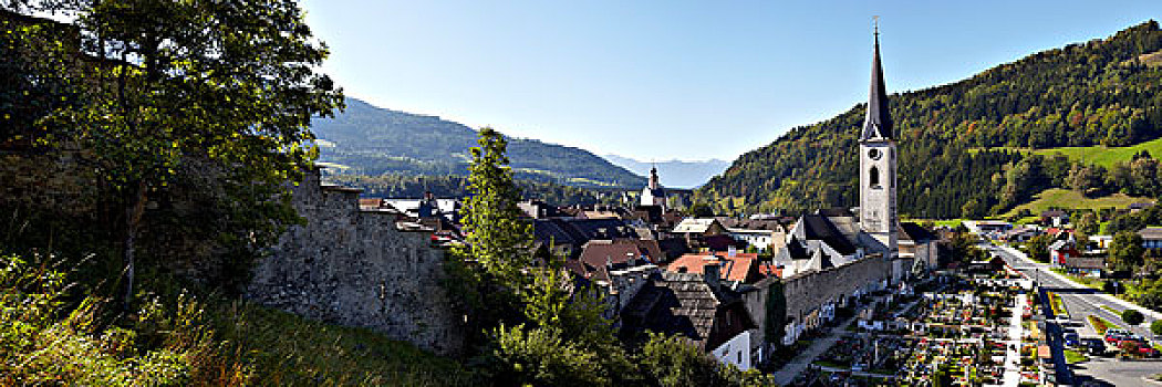 全景图像,中世纪,城镇,卡林西亚,奥地利,欧洲