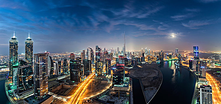 城市,迪拜,阿联酋,黄昏,光亮,摩天大楼