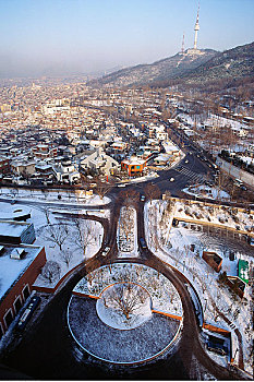 俯视,城市,冬天,首尔,韩国