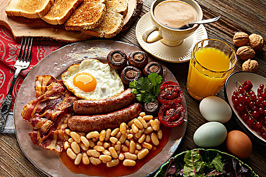 英国,早餐,香肠,蛋,咖啡豆,熏肉,蘑菇,烤蕃茄