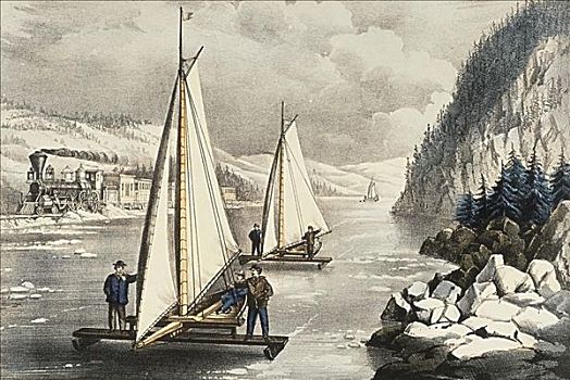 冰,赛船,哈得逊河,19世纪,美洲,彩色,板画,图书馆,芝加哥,伊利诺斯,美国