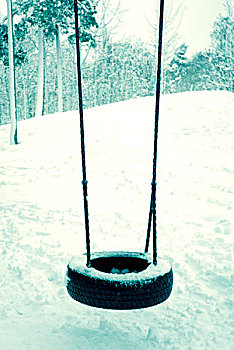 轮胎,秋千,雪,遮盖,公园,树,后面