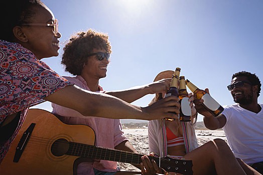 群体,朋友,祝酒,啤酒瓶,海滩,阳光