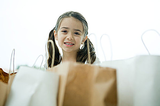 小女孩,微笑,购物袋,前景