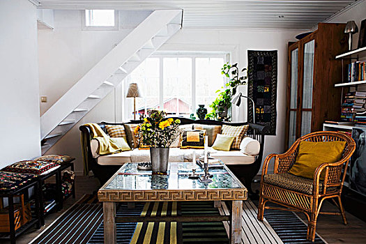 公寓,生活方式,茶几,柳条椅,阶梯,背景