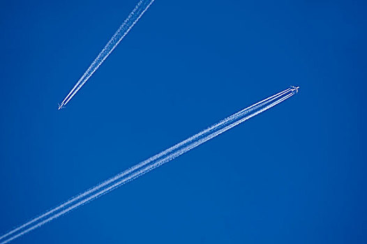 两个,飞机,飞行云,蓝天,巴伐利亚,德国,欧洲