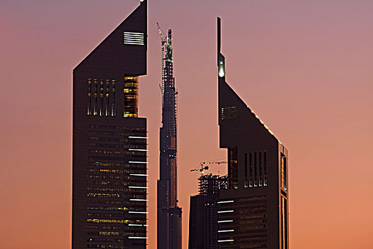 阿联酋,迪拜,迪拜塔,酒店,两个,阿联酋塔楼,日落