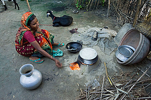 乡村,女人,厨师,院落,房子,孟加拉,六月,2007年