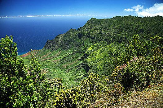 夏威夷,考艾岛,纳帕利海岸,远眺,卡拉拉乌谷,海洋