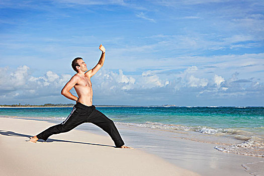 一个,男人,瑜珈,海滩,蓬塔卡纳,多米尼加共和国