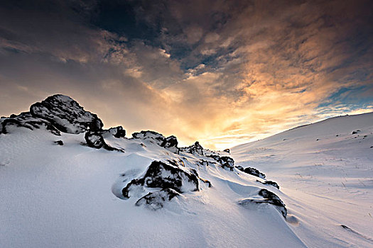 冬天,野生,雪,石头,亮光,气氛,天空,云,冰岛,高地